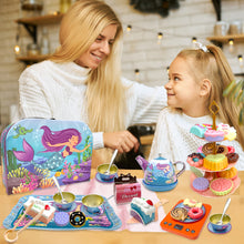 Load image into Gallery viewer, Koolbitz Kids Pretend Play Mermaid Themed Tea Set & Tower Cake Cute 3 Tier Party Cupcake Kids Birthday Party Decorations Supplies & Carrying Case Cake Stand Cupcake Holder Dessert Tower Rounding Serving