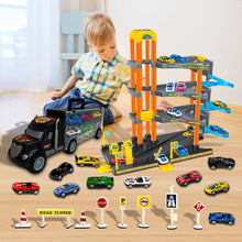 Load image into Gallery viewer, Koolbitz 4-Storey Parking Garage Playset with Truck Carrier, Includes 10 Cars, Spiral Ramps, Lift, Service Station for Kids Ages 3 and Up