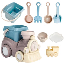 Load image into Gallery viewer, Koolbitz Kids Train Beach Toy Set Outdoor Summer Sand Play Toy for Children Includes Toy Beach Bucket Mini Cloud Mould Durable Train Rake & Bonus Tool Kit Boys & Girls