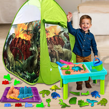 Load image into Gallery viewer, Koolbitz 34 Pcs Dinosaur Beach Tent and Sand Playset with 750g Non-Sticky Sand, Dinosaur and Castle Moulds, Sand Table, and Tray Ð Creative Outdoor and Indoor Fun for Kids Aged 3+ Safe Sand Kit Play