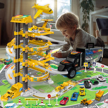 Load image into Gallery viewer, Koolbitz Kids Spiral Parking Garage Playset, 4-Storey Parking Lot with Electric Lift, Carrier Plane, Sound, Light, Ramps, Traffic Signs, Storage Truck, 10 Cars, for Age 3 and Up
