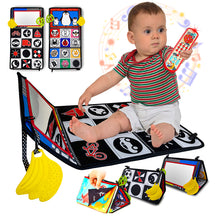 Load image into Gallery viewer, Koolbitz Baby Sensory Playset, 2-in-1 Cloth Book with Mirror, Crinkle Sounds Teether and Multilingual Musical Toy for Ages 3 Months above
