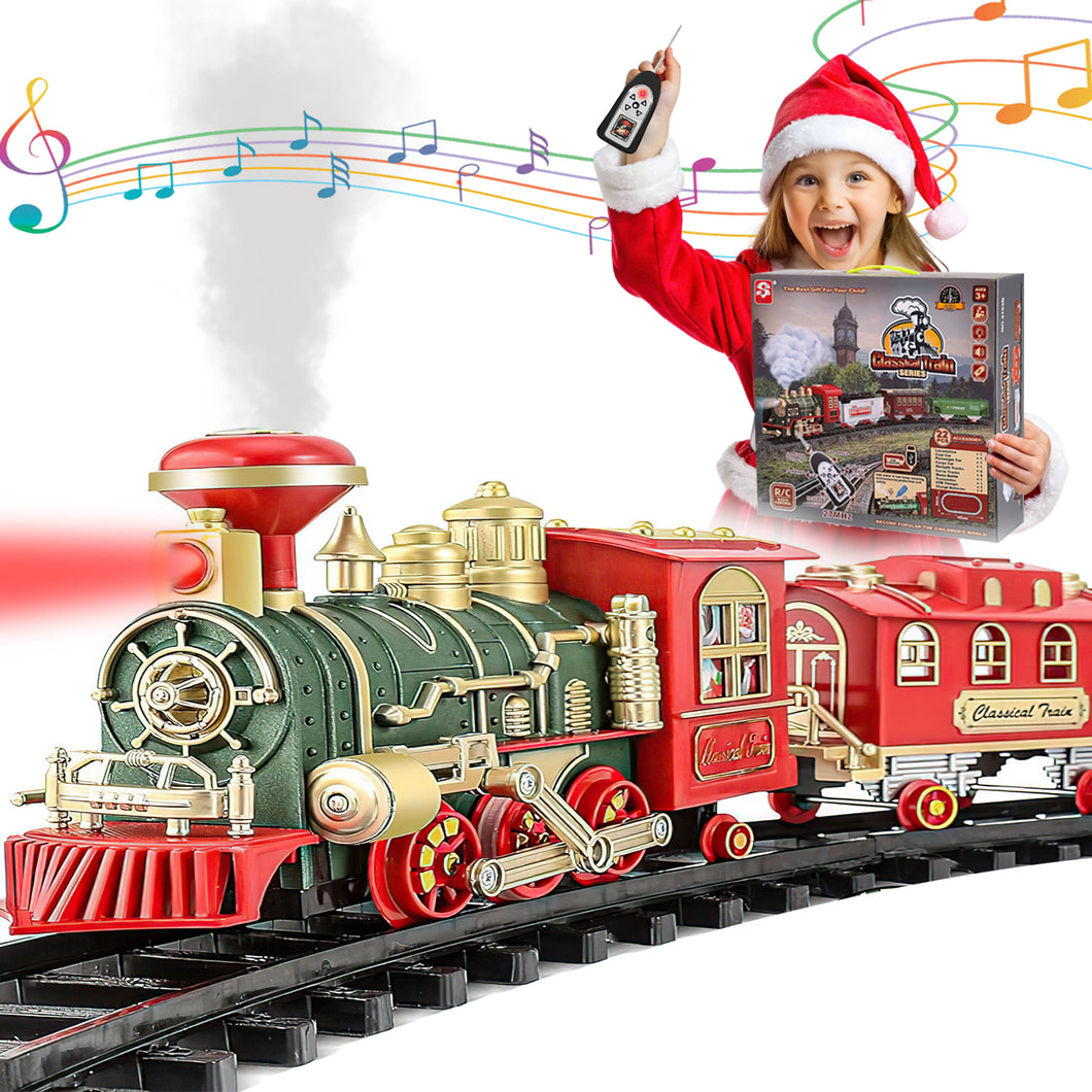 Koolbitz Classic Steam Engine Train Set with Remote Control - Realistic Steam, Sound, Light - Complete Electric Train Kit Locomotive, Rail Tracks, Trees, Traffic Signs for Kids