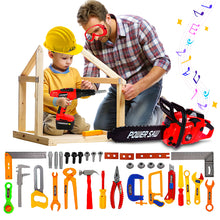 Load image into Gallery viewer, Koolbitz 38 Pcs Kids Construction Tool Playset Toy- Red Chainsaw Toy with Sound Effects, Pretend Drill Toy, Helmet and Accessories Toy- Educational Role Play Toy for Boys and Girls Ages 3+
