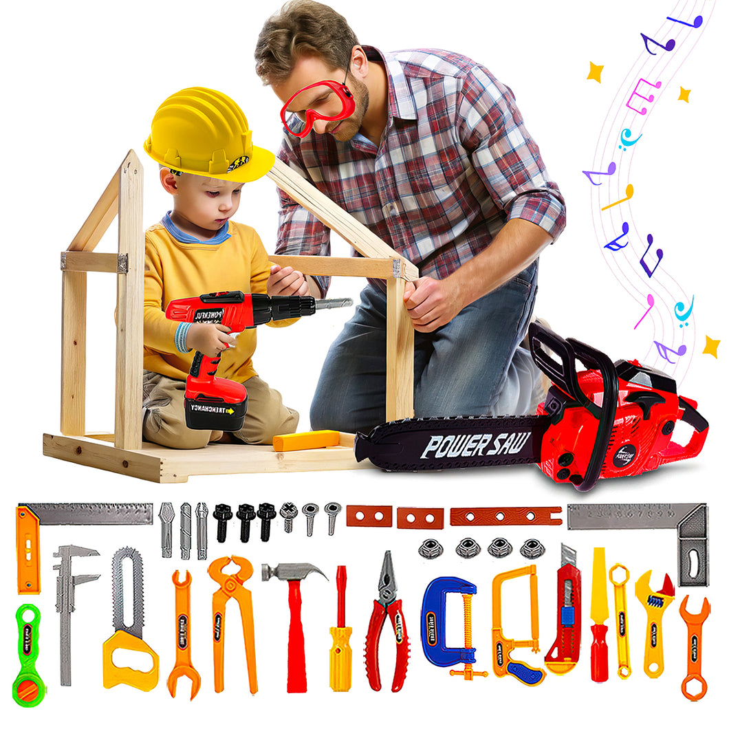 Koolbitz 38 Pcs Kids Construction Tool Playset Toy- Red Chainsaw Toy with Sound Effects, Pretend Drill Toy, Helmet and Accessories Toy- Educational Role Play Toy for Boys and Girls Ages 3+