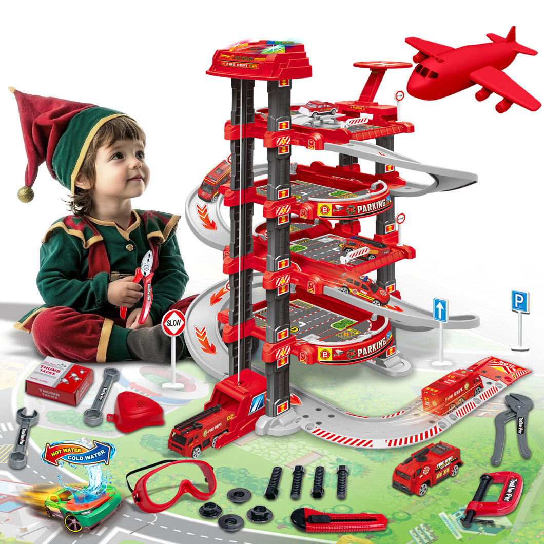 Koolbitz 2-in-1 Garage Parking Lot and Construction Tool Playset for Kids, 4-Story Parking Garage Toy with Lift, Sound, Light, 17pcs Tool Set for Ages 3 and Up