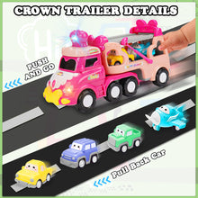 Load image into Gallery viewer, Koolbitz 5 in 1 Car Transport Toy Set for Kids with Light-Up Features Includes Carrier Truck and 4X Play Vehicles Mini Cars - Sounds and Lights - Princess Car Pink Gift for Toddlers Children
