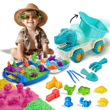Load image into Gallery viewer, Koolbitz 18 Pcs Kids Dinosaur Theme Magic Beach Sand Play Set Dump Truck, 8 Moulds, 5 Tools, 1kg Sand, and Tray for Indoor Outdoor Play for Kids Ages 3

