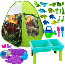 Load image into Gallery viewer, Koolbitz 24 Pcs Dinosaur Sand Playset with Foldable Tent and Sand Table – Includes Random Color Dinosaur Egg, Dinosaur Molds, Tools, and Non-Toxic Sand – Perfect for Children 3 and Up
