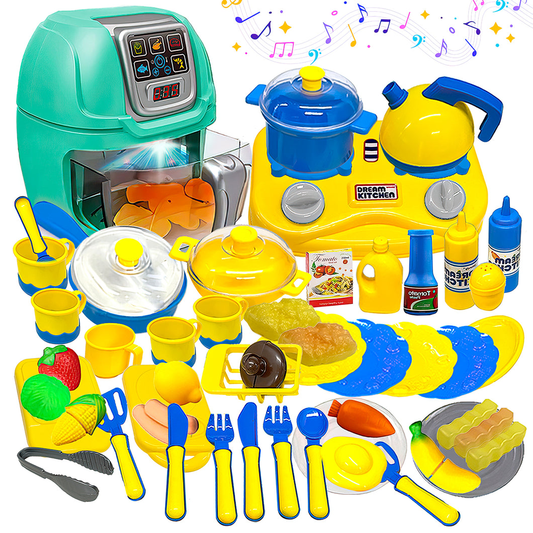 Koolbitz 53PCs Kids Air Fryer Kitchen Playset with Interactive Cooking Features–Realistic Pretend Play Set for Boys & Girls with Light, Sound, Color-Changing Food, Utensils, Cookware, Food Accessories