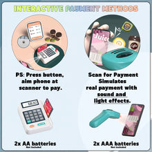 Load image into Gallery viewer, Koolbitz Pretend Play Shop Supermarket Checkout Playset with 48 Accessories for Kids Educational Grocery Store Stand with Realistic Food Items, Cash Register, Scanner, and Mobile Payment Options
