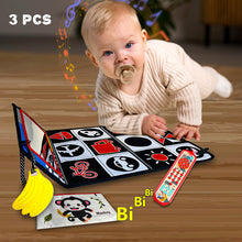 Load image into Gallery viewer, Koolbitz Baby Sensory Playset, 2-in-1 Cloth Book with Mirror, Crinkle Sounds Teether and Multilingual Musical Toy for Ages 3 Months above
