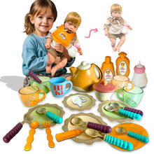 Load image into Gallery viewer, Koolbitz 30 Pcs Tea Set and Interactive 14Inch Baby Doll Playset with 12 Sound Effects, Removable Clothes, and Accessories - Realistic Pretend Play Toy for Kids Perfect Educational Gift for Kid

