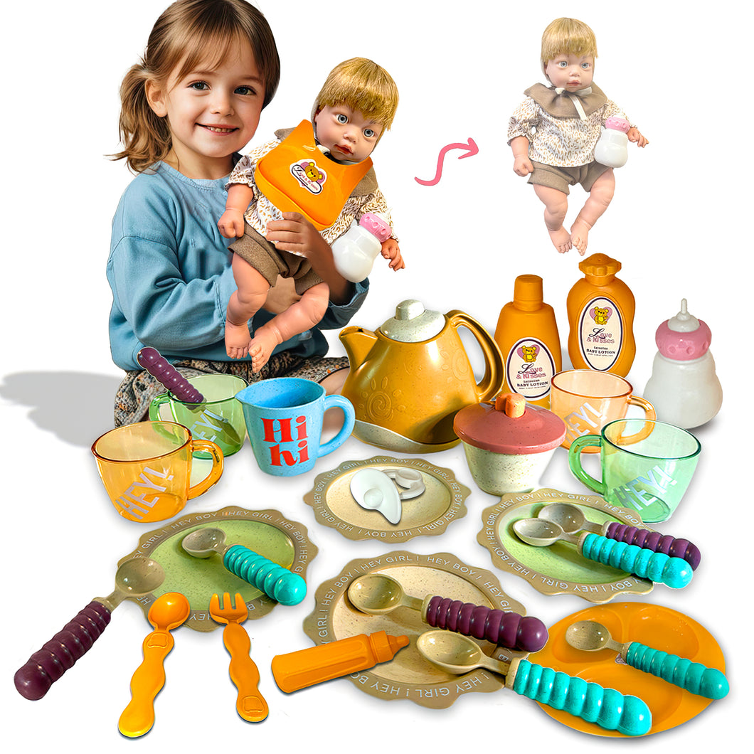 Koolbitz 30 Pcs Tea Set and Interactive 14Inch Baby Doll Playset with 12 Sound Effects, Removable Clothes, and Accessories - Realistic Pretend Play Toy for Kids Perfect Educational Gift for Kid