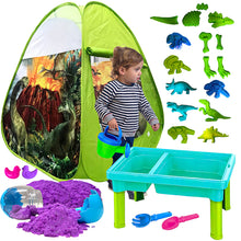 Load image into Gallery viewer, Koolbitz 24 Pcs Dinosaur Sand Playset with Foldable Tent and Sand Table – Includes Random Color Dinosaur Egg, Dinosaur Molds, Tools, and Non-Toxic Sand – Perfect for Children 3 and Up
