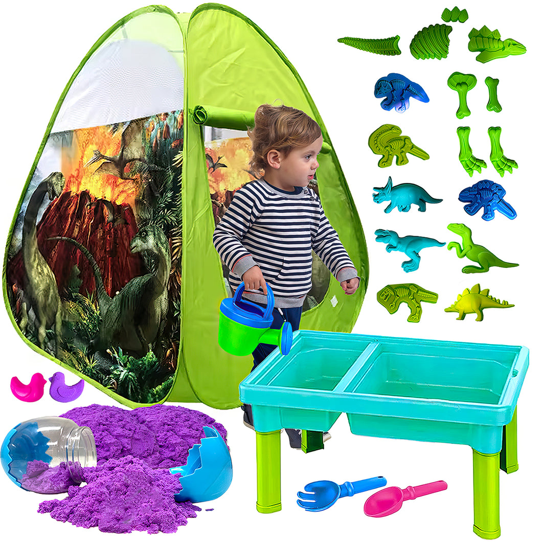 Koolbitz 24 Pcs Dinosaur Sand Playset with Foldable Tent and Sand Table – Includes Random Color Dinosaur Egg, Dinosaur Molds, Tools, and Non-Toxic Sand – Perfect for Children 3 and Up