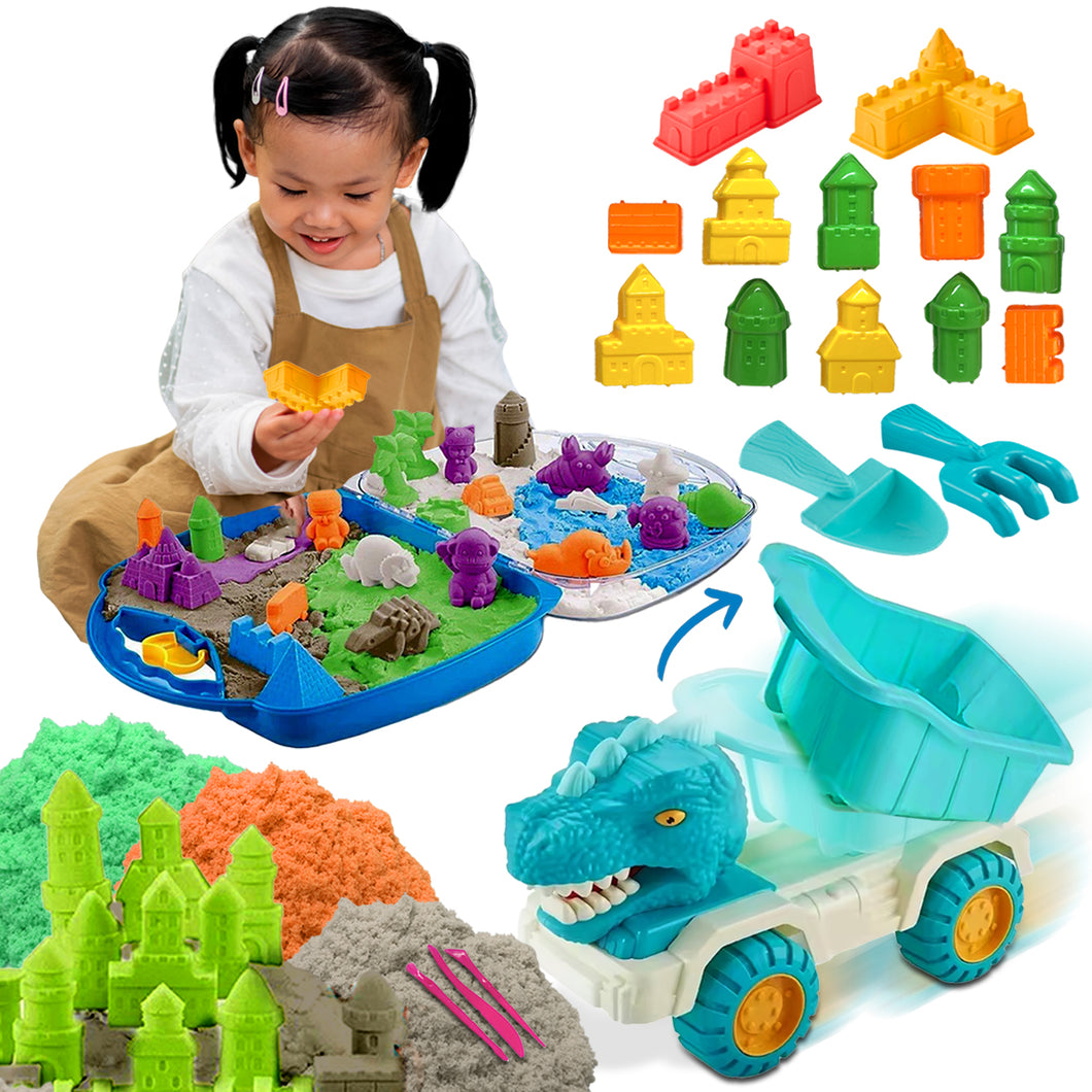 Koolbitz 22PCS Kids Beach Sand Toy Set - Includes Dinosaur Dump Truck, Castle Moulds, Sand Tools, and 3 Bright Colours of Sand - Portable Educational Fun for Boys and Girls Ages 3+