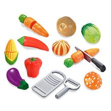 Load image into Gallery viewer, Koolbitz Pretend Play Food Set Fruit and Vegetable Cutting Toys Play Set for Kids with Vegetable Tray, Carrot, Corn, Pepper, Lettuce, Potato, Mushroom, knife &amp; Grater Kids Kitchen Role Play Playset
