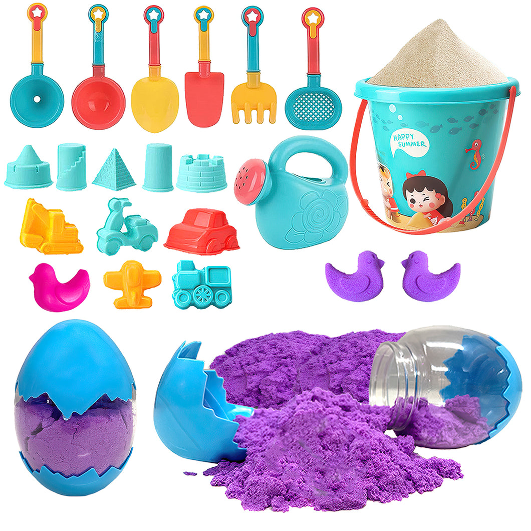 Koolbitz 21 Pcs Kids Beach Sand Play Set with Dinosaur Egg & Sandcastle & Vehicle Moulds – Non-Toxic Space Sand, Water Sprinkler Can, and Portable Carry Case for Indoor & Outdoor Fun Activity