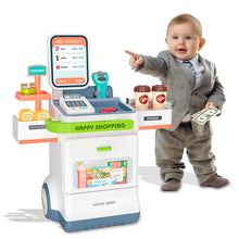 Load image into Gallery viewer, Koolbitz Pretend Play Shop Supermarket Checkout Playset with 48 Accessories for Kids Educational Grocery Store Stand with Realistic Food Items, Cash Register, Scanner, and Mobile Payment Options
