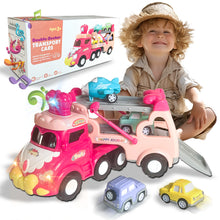 Load image into Gallery viewer, Koolbitz 5 in 1 Car Transport Toy Set for Kids with Light-Up Features Includes Carrier Truck and 4X Play Vehicles Mini Cars - Sounds and Lights - Princess Car Pink Gift for Toddlers Children
