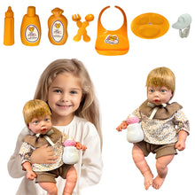 Load image into Gallery viewer, Koolbitz Baby Doll Care Accessories Feeding Playset, 2 Pcs Baby Doll Milk Bottle and Baby Bib, Spoons and Forks and 1 Dinner Plate &amp; Baby lotion, Movable Head Soft Touch Skin Doll Gift for Boy Girl
