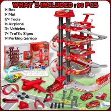 Load image into Gallery viewer, Koolbitz 2-in-1 Garage Parking Lot and Construction Tool Playset for Kids, 4-Story Parking Garage Toy with Lift, Sound, Light, 17pcs Tool Set for Ages 3 and Up
