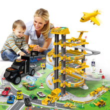 Load image into Gallery viewer, Koolbitz Kids Spiral Parking Garage Playset, 4-Storey Parking Lot with Electric Lift, Carrier Plane, Sound, Light, Ramps, Traffic Signs, Storage Truck, 10 Cars, for Age 3 and Up
