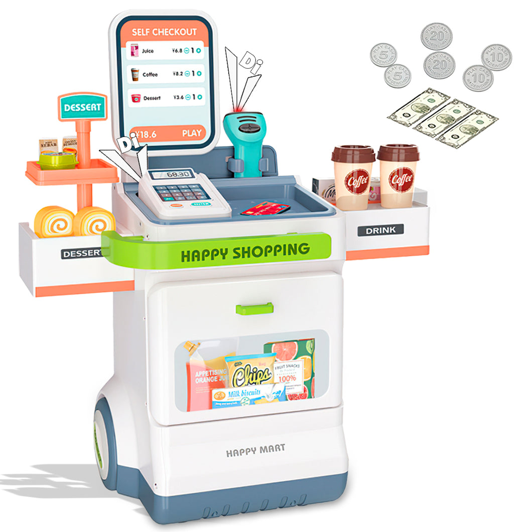 Koolbitz Pretend Play Shop Supermarket Checkout Playset with 48 Accessories for Kids Educational Grocery Store Stand with Realistic Food Items, Cash Register, Scanner, and Mobile Payment Options