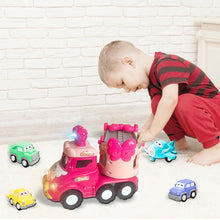 Load image into Gallery viewer, Koolbitz 5 in 1 Car Transport Toy Set for Kids with Light-Up Features Includes Carrier Truck and 4X Play Vehicles Mini Cars - Sounds and Lights - Princess Car Pink Gift for Toddlers Children
