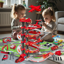 Load image into Gallery viewer, Koolbitz 2-in-1 Garage Parking Lot and Construction Tool Playset for Kids, 4-Story Parking Garage Toy with Lift, Sound, Light, 17pcs Tool Set for Ages 3 and Up
