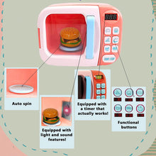 Load image into Gallery viewer, koolbitz Kids Microwave Kitchen Sets Pretend Role Play Set for Boys Girls Cooking Accessories Kit Toys Food and Pans with Working Realistic Pink Microwave Light Sound Auto Spin Toy

