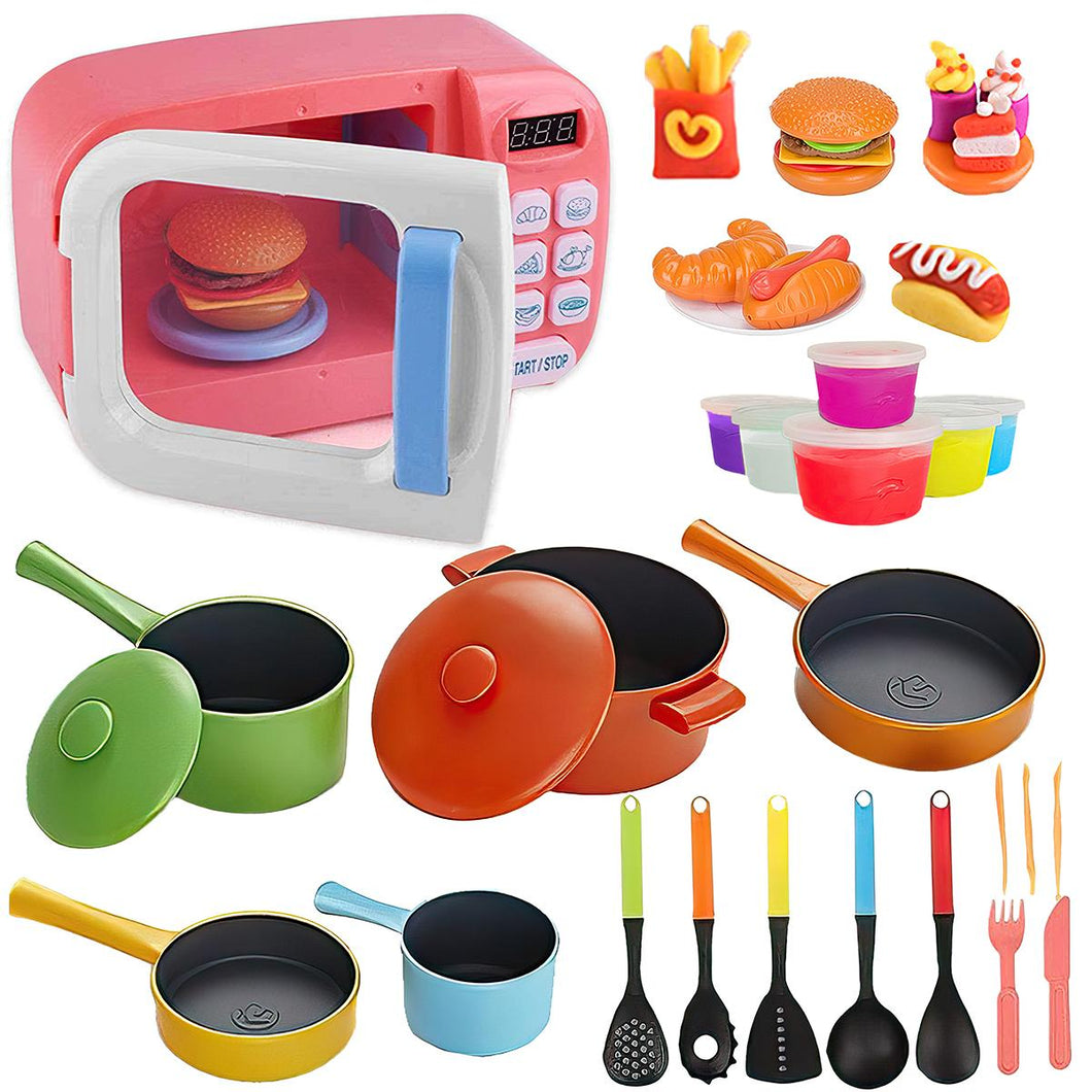 koolbitz Kids Microwave Kitchen Sets Pretend Role Play Set for Boys Girls Cooking Accessories Kit Toys Food and Pans with Working Realistic Pink Microwave Light Sound Auto Spin Toy