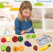 Load image into Gallery viewer, Koolbitz Pretend Play Food Fruit with Velcro Cutting Toys Set with Banana, Orange, Watermelon, Grapes, Apple, Kiwi, Star Fruit, Pretend Knife, Peeler Grater Toddler Kitchen Play Set Birthday Gift
