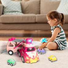 Load image into Gallery viewer, Koolbitz 5 in 1 Car Transport Toy Set for Kids with Light-Up Features Includes Carrier Truck and 4X Play Vehicles Mini Cars - Sounds and Lights - Princess Car Pink Gift for Toddlers Children
