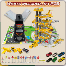 Load image into Gallery viewer, Koolbitz Kids Spiral Parking Garage Playset, 4-Storey Parking Lot with Electric Lift, Carrier Plane, Sound, Light, Ramps, Traffic Signs, Storage Truck, 10 Cars, for Age 3 and Up
