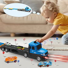 Load image into Gallery viewer, Koolbitz 2-in-1 Extra Large Transforming Truck Playset for Kids Multi-Level Car Carrier with Lights, Sound &amp; Music | 2 Alloy Cars, Road Signs,and Accessories Imaginative Play for Kids Ages 3+

