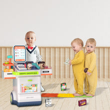 Load image into Gallery viewer, Koolbitz Pretend Play Shop Supermarket Checkout Playset with 48 Accessories for Kids Educational Grocery Store Stand with Realistic Food Items, Cash Register, Scanner, and Mobile Payment Options
