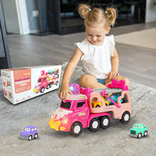 Load image into Gallery viewer, Koolbitz 5 in 1 Car Transport Toy Set for Kids with Light-Up Features Includes Carrier Truck and 4X Play Vehicles Mini Cars - Sounds and Lights - Princess Car Pink Gift for Toddlers Children
