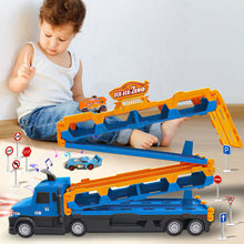 Load image into Gallery viewer, Koolbitz 2-in-1 Extra Large Transforming Truck Playset for Kids Multi-Level Car Carrier with Lights, Sound &amp; Music | 2 Alloy Cars, Road Signs,and Accessories Imaginative Play for Kids Ages 3+
