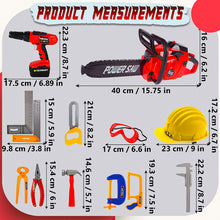 Load image into Gallery viewer, Koolbitz 38 Pcs Kids Construction Tool Playset Toy- Red Chainsaw Toy with Sound Effects, Pretend Drill Toy, Helmet and Accessories Toy- Educational Role Play Toy for Boys and Girls Ages 3+
