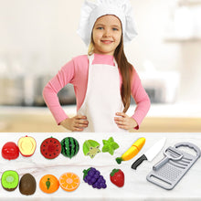 Load image into Gallery viewer, Koolbitz Pretend Play Food Fruit with Velcro Cutting Toys Set with Banana, Orange, Watermelon, Grapes, Apple, Kiwi, Star Fruit, Pretend Knife, Peeler Grater Toddler Kitchen Play Set Birthday Gift
