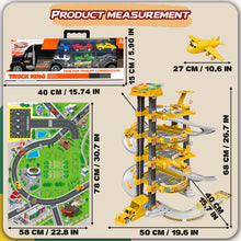 Load image into Gallery viewer, Koolbitz Kids Spiral Parking Garage Playset, 4-Storey Parking Lot with Electric Lift, Carrier Plane, Sound, Light, Ramps, Traffic Signs, Storage Truck, 10 Cars, for Age 3 and Up
