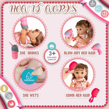 Load image into Gallery viewer, Koolbitz Interactive Baby Doll with Accessories &amp; Lifelike Functions Drinks and Wets, Makes 10 Sounds, Removable Outfit with Hair Dryer, Comb, Bottle, Shoes, Shampoo, and More - Gift for Toddlers Kids
