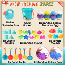 Load image into Gallery viewer, Koolbitz 21 Pcs Kids Beach Sand Play Set with Dinosaur Egg &amp; Sandcastle &amp; Vehicle Moulds – Non-Toxic Space Sand, Water Sprinkler Can, and Portable Carry Case for Indoor &amp; Outdoor Fun Activity
