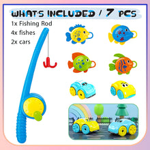 Load image into Gallery viewer, Koolbitz 7PCs Baby Bath Magnet Fishing Rod with 2 Wind-Up Cars &amp; 4 Colorful Fish Bath Tub Playset - Fun Toys Water Game Set Educational Toy Birthday Christmas Newyear Gift
