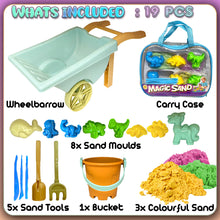 Load image into Gallery viewer, Koolbitz 19PCS Beach Toy Set with Wheelbarrow, Dinosaur Moulds, Tools, 1000g Colourful Sand, and Portable Carry Bag – Perfect for Creative Play in Sandbox or Beach – Suitable for Kids 3+ Years Old
