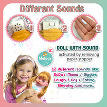 Load image into Gallery viewer, Koolbitz 37 Pcs Pink Baby Doll Set with 12 Sounds &amp; Tea Party set – Includes Talking Baby Doll, Removable Clothes, Kitchen Accessories, Hair Dryer &amp; Pretend Play Items for Kids
