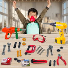Load image into Gallery viewer, Koolbitz 27PCS Toy DIY Tool Box With Helmet Drill Hammer Wrench Pliers Mask Saw Screwdriver Tape Measure Screws &amp; More Accessories - Children&#39;s Tools Playset Toys
