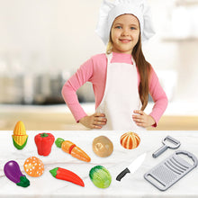Load image into Gallery viewer, Koolbitz Pretend Play Food Set Fruit and Vegetable Cutting Toys Play Set for Kids with Vegetable Tray, Carrot, Corn, Pepper, Lettuce, Potato, Mushroom, knife &amp; Grater Kids Kitchen Role Play Playset
